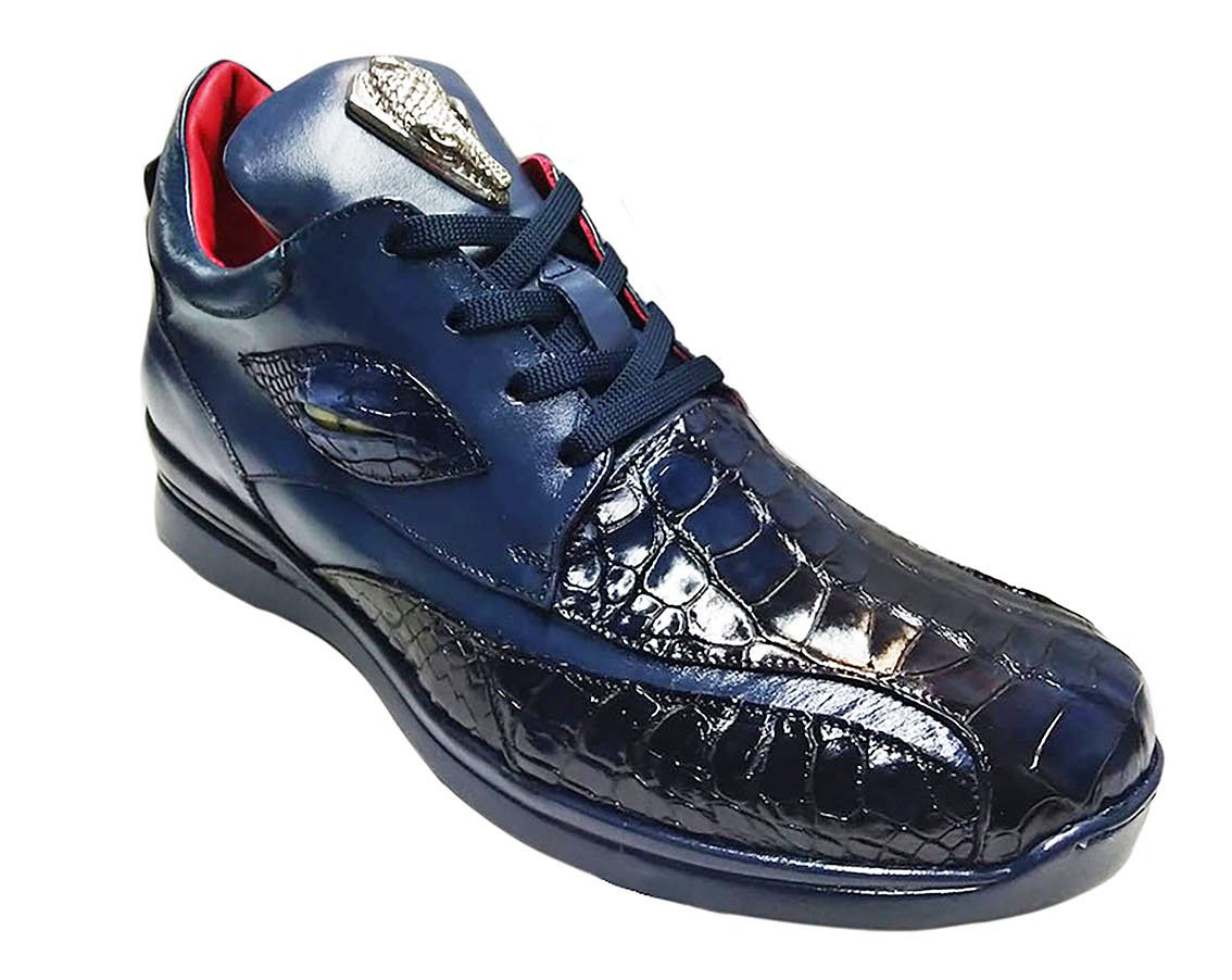 Fennix Italy "Mason" Navy Blue Genuine Alligator / Calf-Skin Leather Casual Sneakers With Eyes.